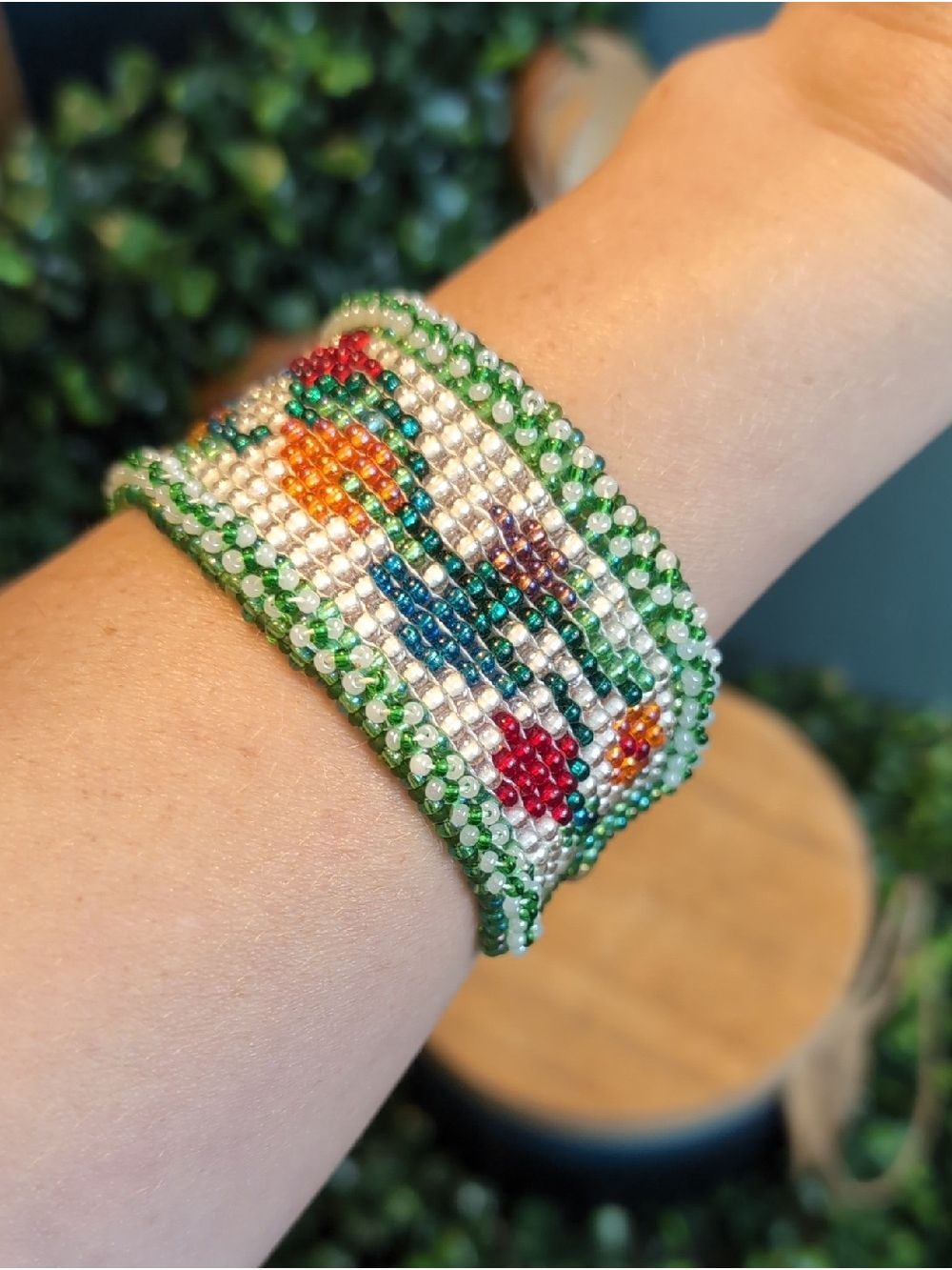 Handmade Floral Seed Bead Cuff Bracelet in White & Green